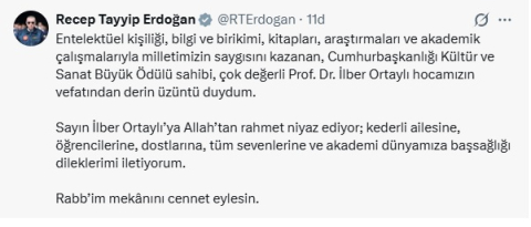 İstanbul- Cumhurbaşkanı Erdoğan'dan İlber Ortaylı için taziye mesajı