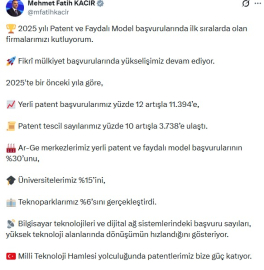 Bakan Kacır: Yerli patent başvurularımız 11 bin 394'e ulaştı