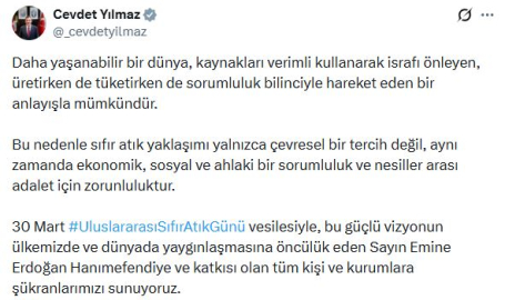 Cevdet Yılmaz'dan 'Uluslararası Sıfır Atık Günü' mesajı