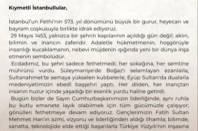 Vali Davut Gül'den İstanbul'un fethinin 573'üncü yıl dönümüne ilişkin kutlama mesajı